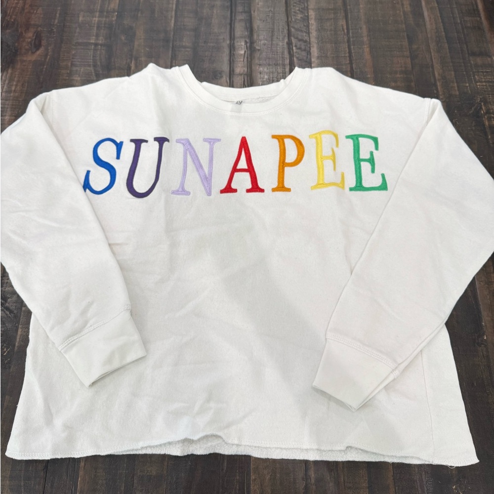 White Crewneck Sweater with Colorful Text